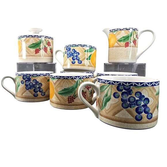 Sango Delight Ceramic Fruit-Themed Mugs Sugar Bowl & Creamer Set JJ3830 - Picture 3 of 11